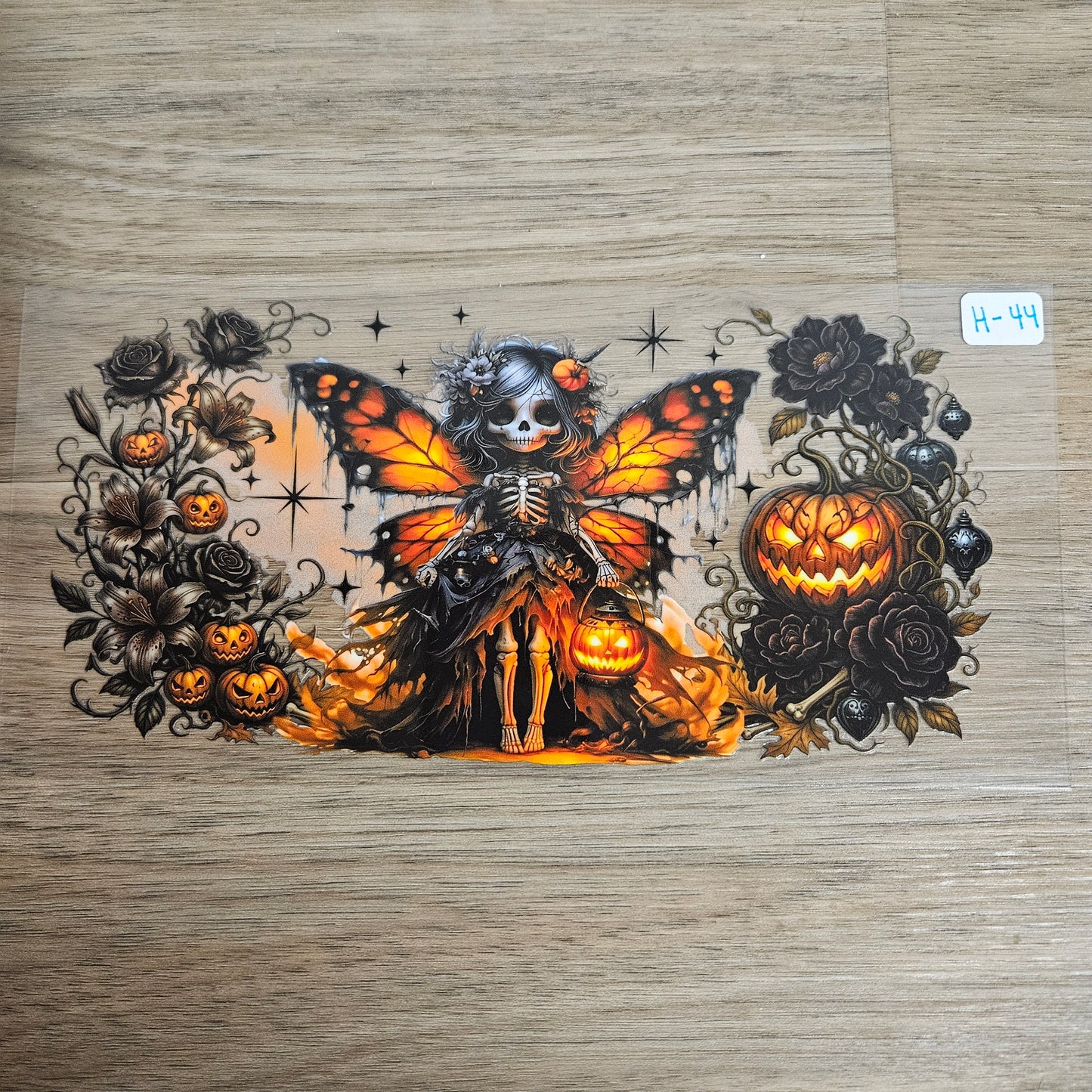 H-44 Skeleton Butterfly Fairy Dark Floral Jack-o-Lantern UVDTF Wrap