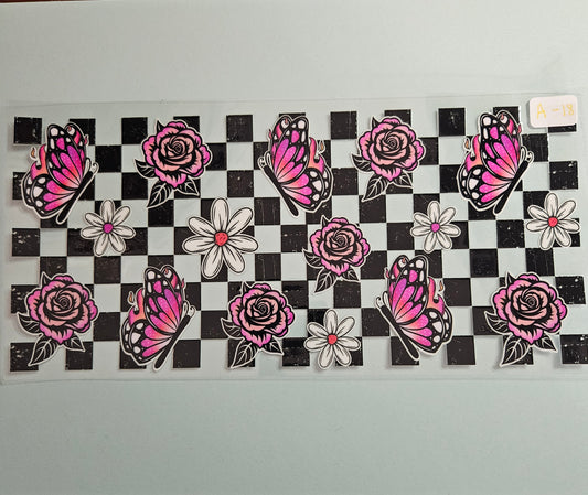 A-18 Pink Butterfly and Flowers UVDTF Wrap