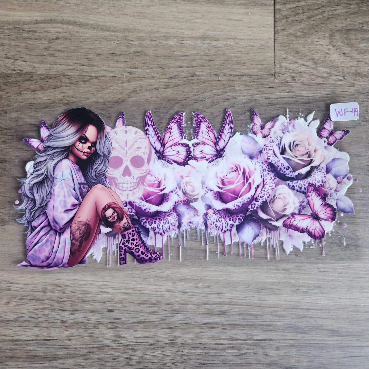 WF-49 Sugar Skull Woman Purple Rose Butterfly UVDTF Wrap