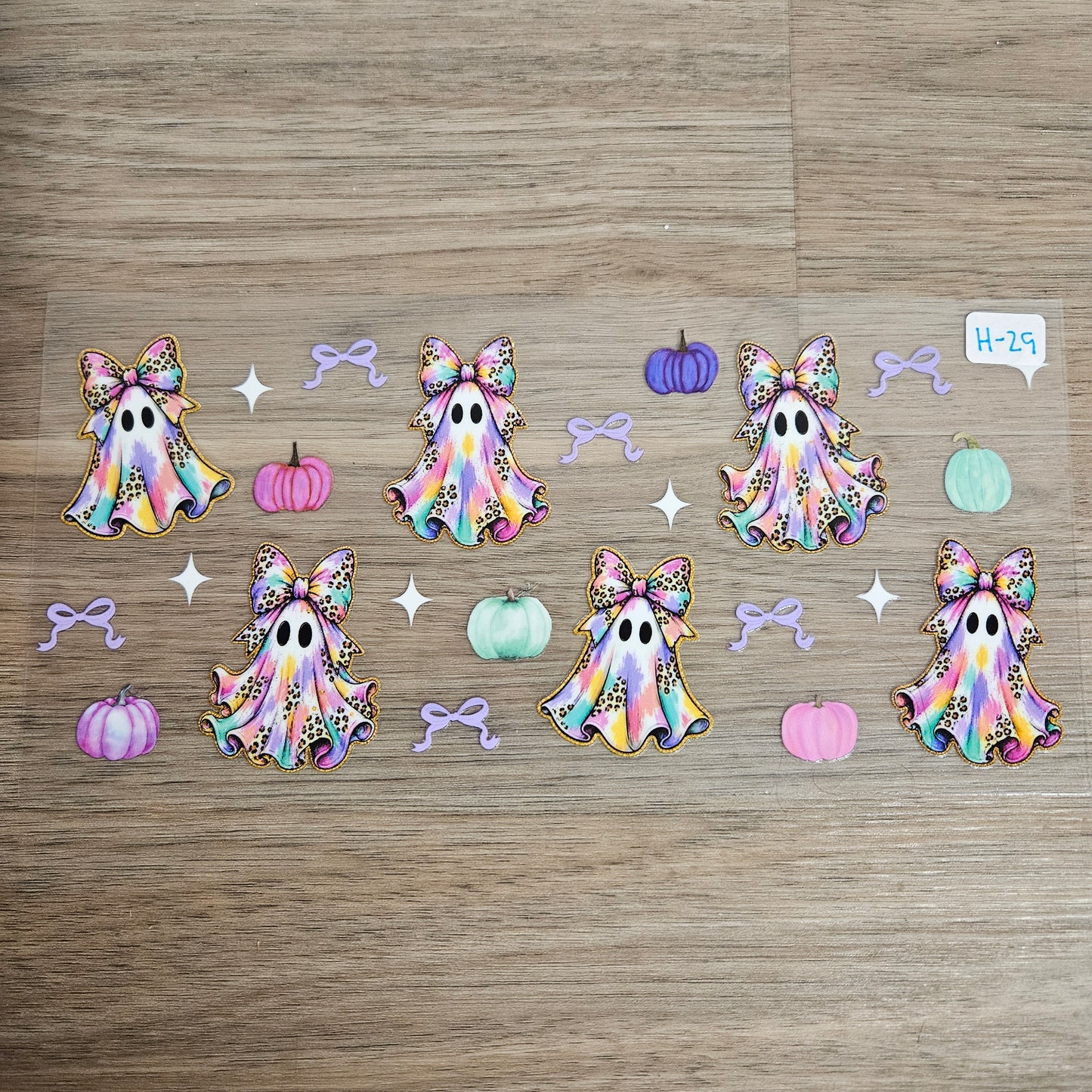 H-29 Pastel Leopard Bow Ghost Pumpkin UVDTF Wrap