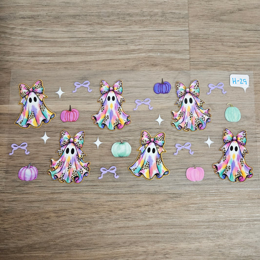H-29 Pastel Leopard Bow Ghost Pumpkin UVDTF Wrap