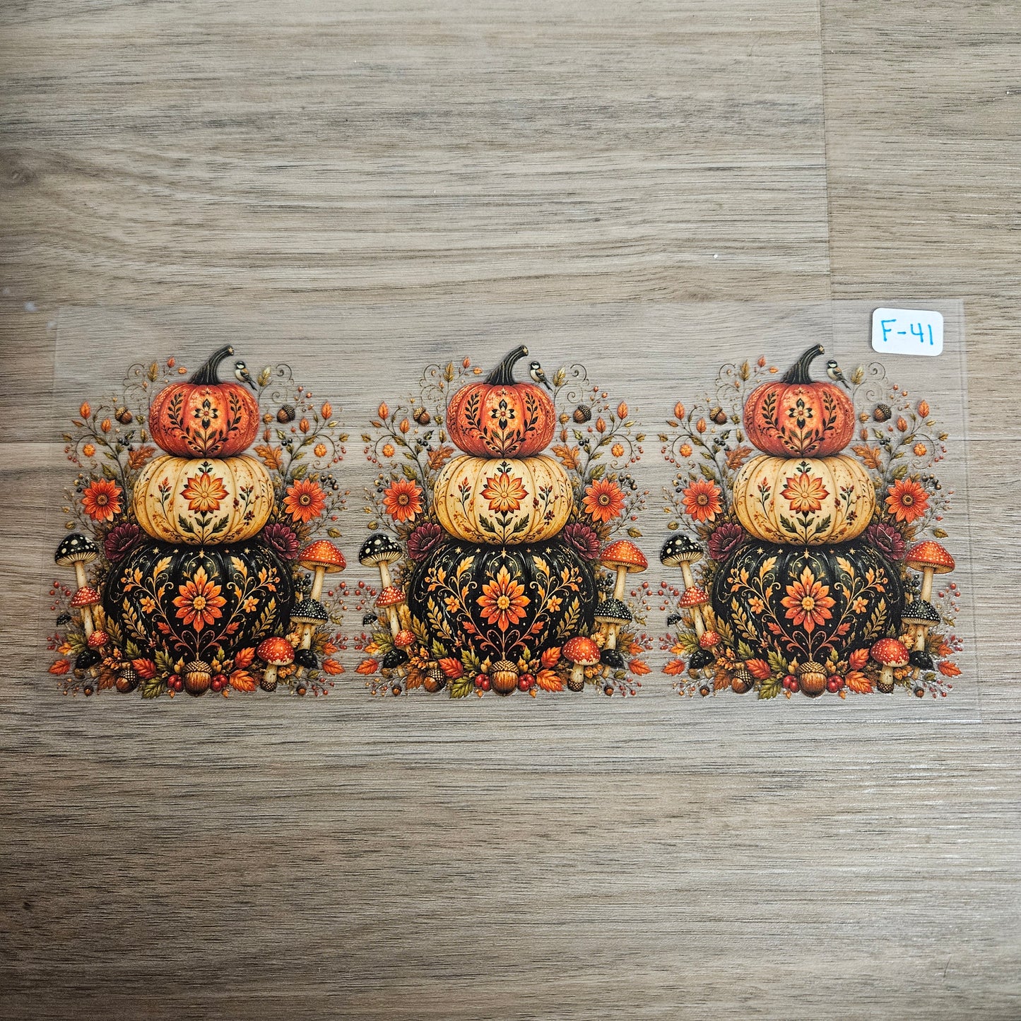 F-41 Folk Art Stacked Pumpkin Mushroom Floral UVDTF Wrap