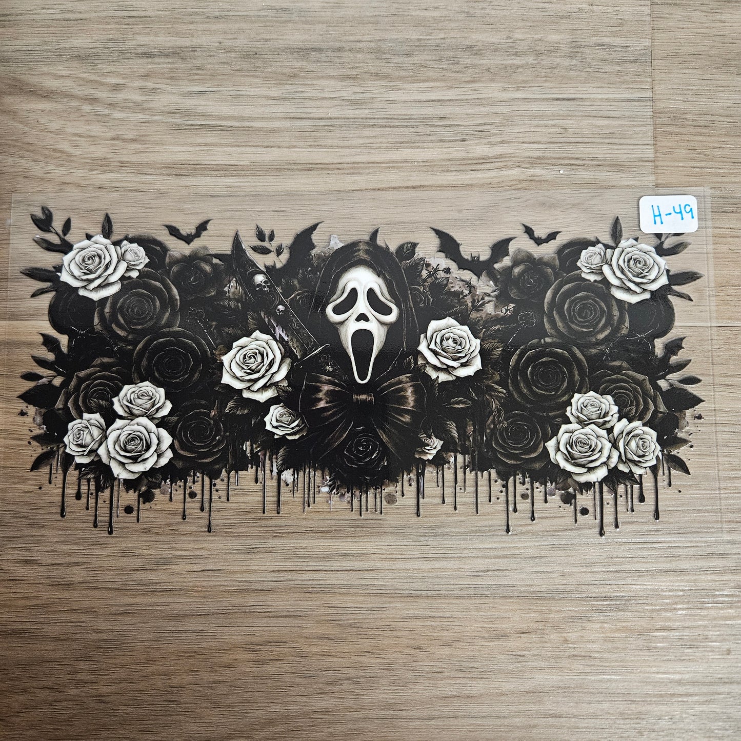 H-49 Screaming Mask Black Rose Drip Gothic UVDTF Wrap