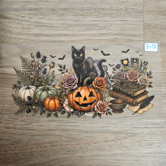 F-51 Black Cat Witch Almanac Tarot Pumpkin Floral UVDTF Wrap